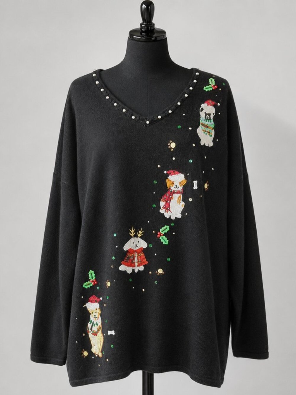 Vintage Quacker Factory Dog Christmas Santa Hat Cardigan Sweater Womens L Y2K